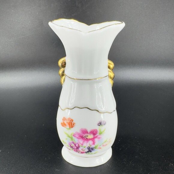 Vintage 1980s Fine Porcelain Bud Vase Set 2 With Golden Handles Flower Pattern - Picture 7 of 9